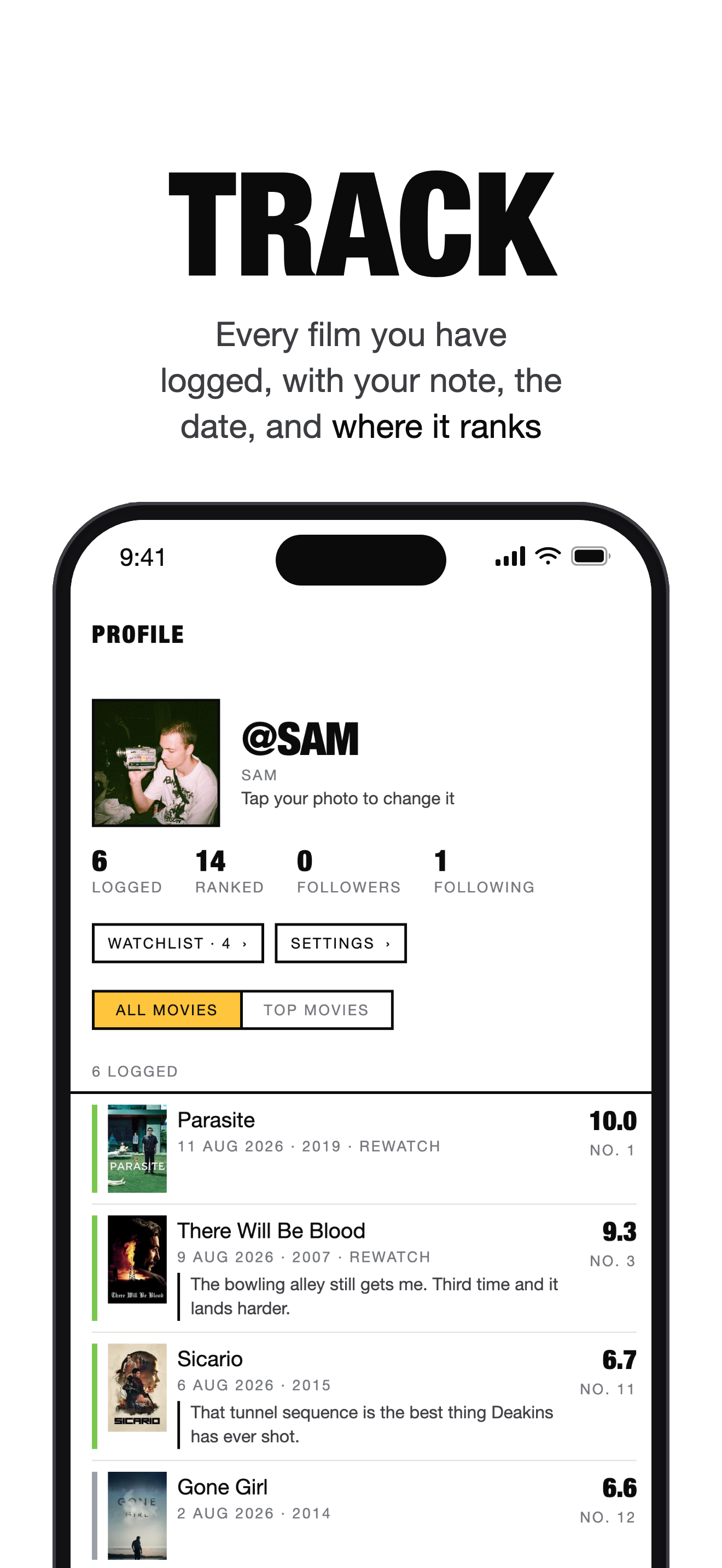 Reelist App Store frame Track: The diary and the ranking it builds